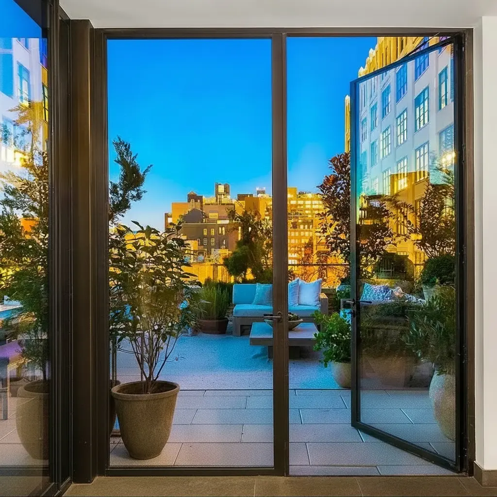 Thermal Bronze French swing door pair with patina finish, low profile threshold, high performance low iron insulating glass