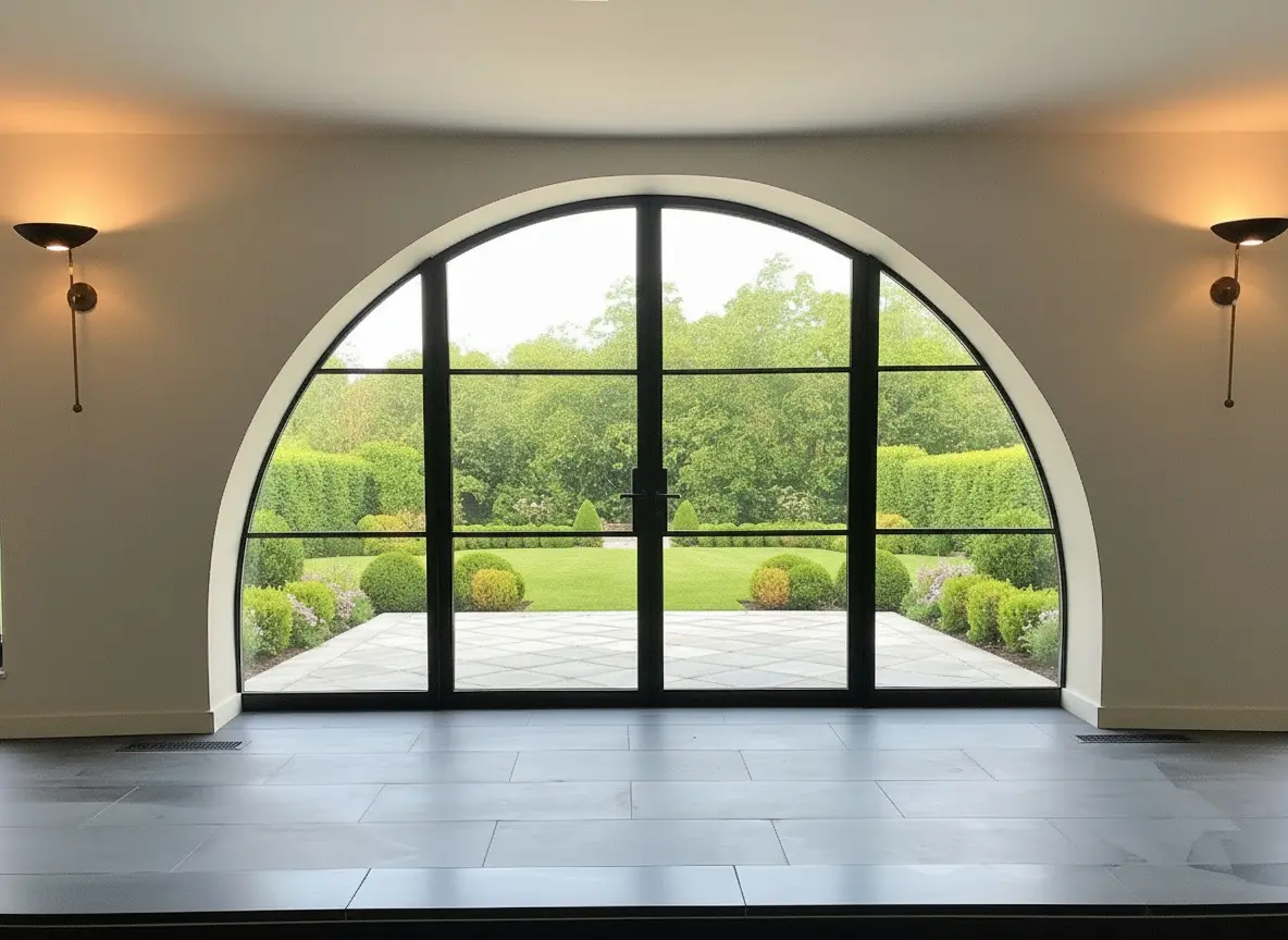 Thermal Steel arched French door pair with fixed side lites, powder coat finish, SDL muntins, high performance insulating glass