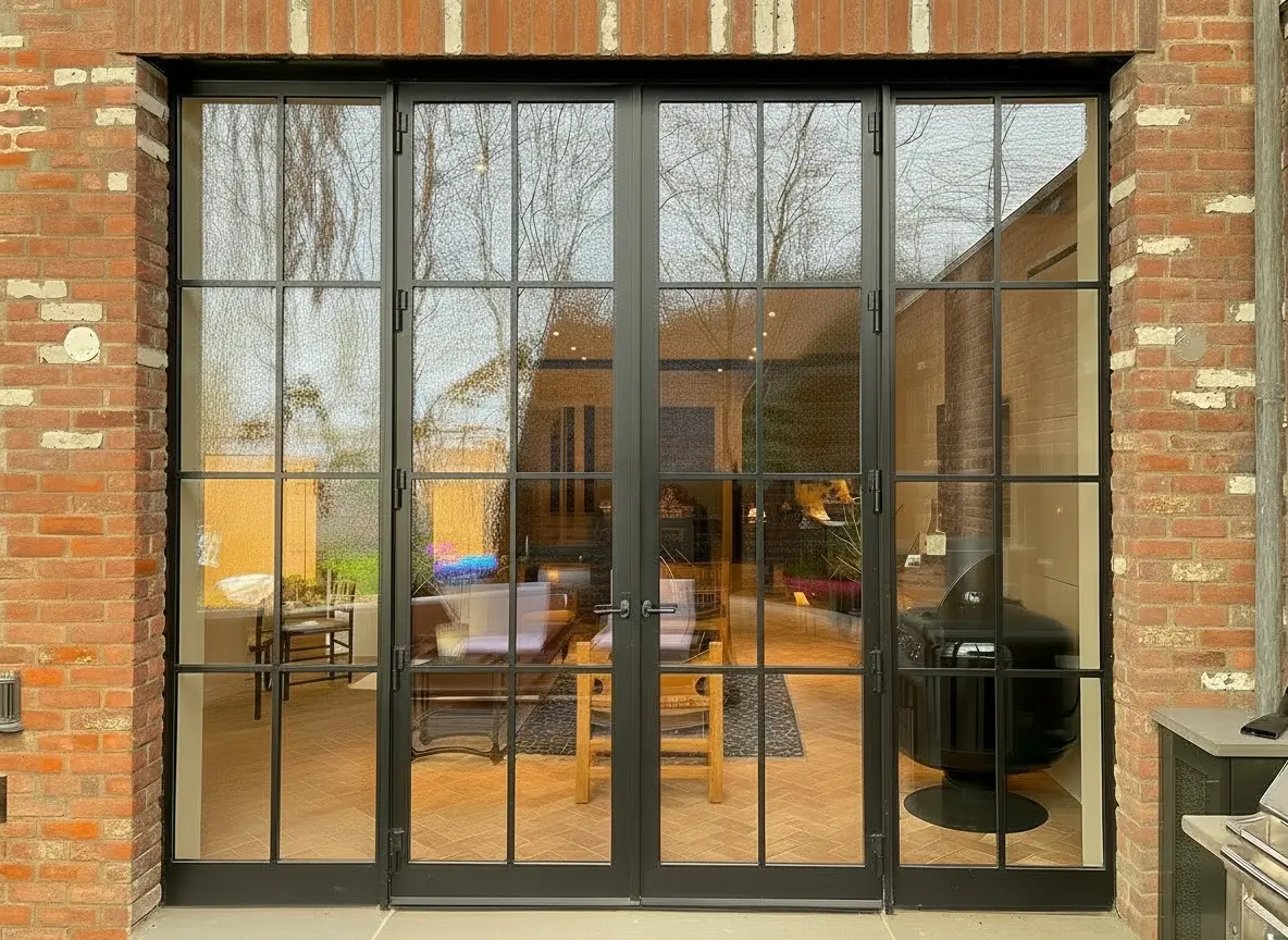 Thermal Stainless Steel French door pair with fixed sidelites, powder coat finish, SDL muntins, high performance insulating glass